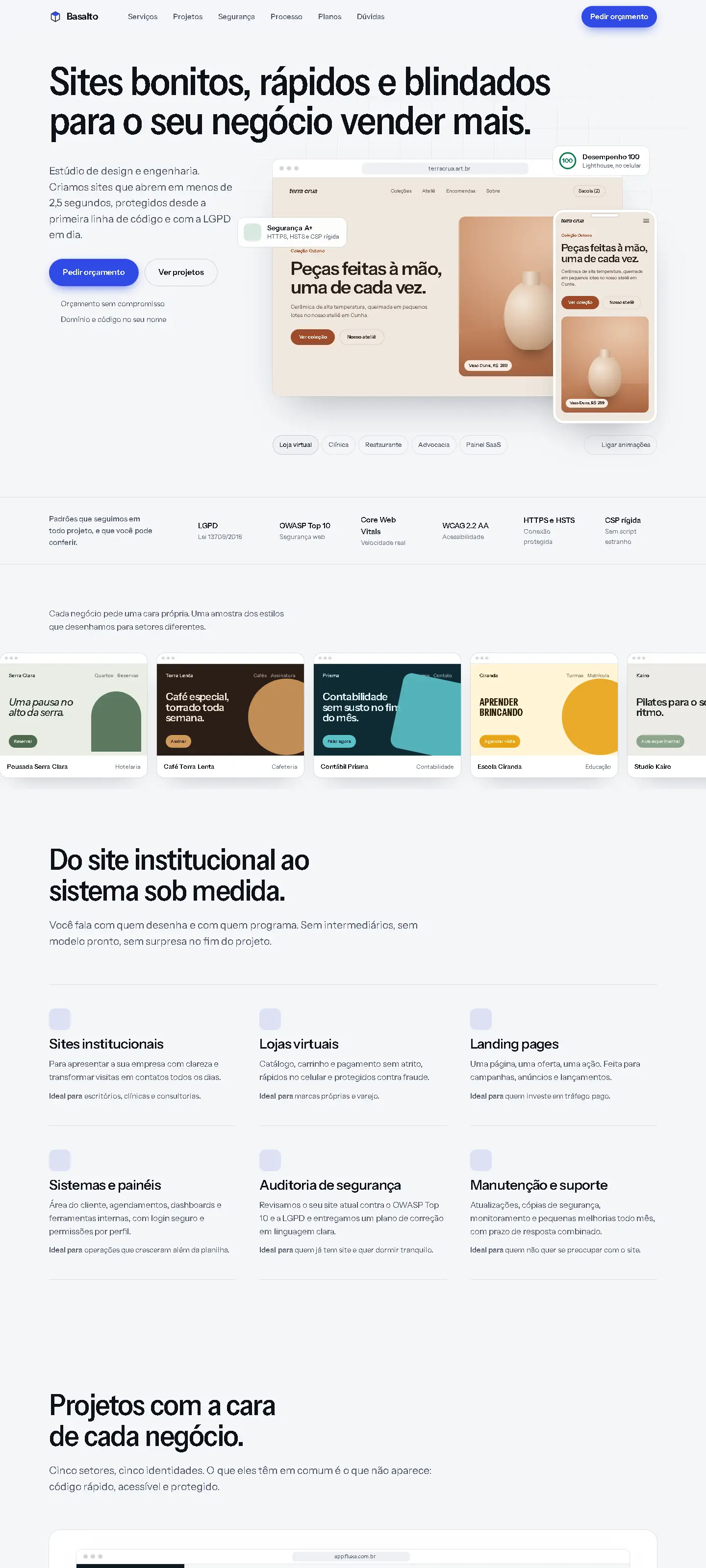Página inicial do site Basalto, do topo até a seção de projetos