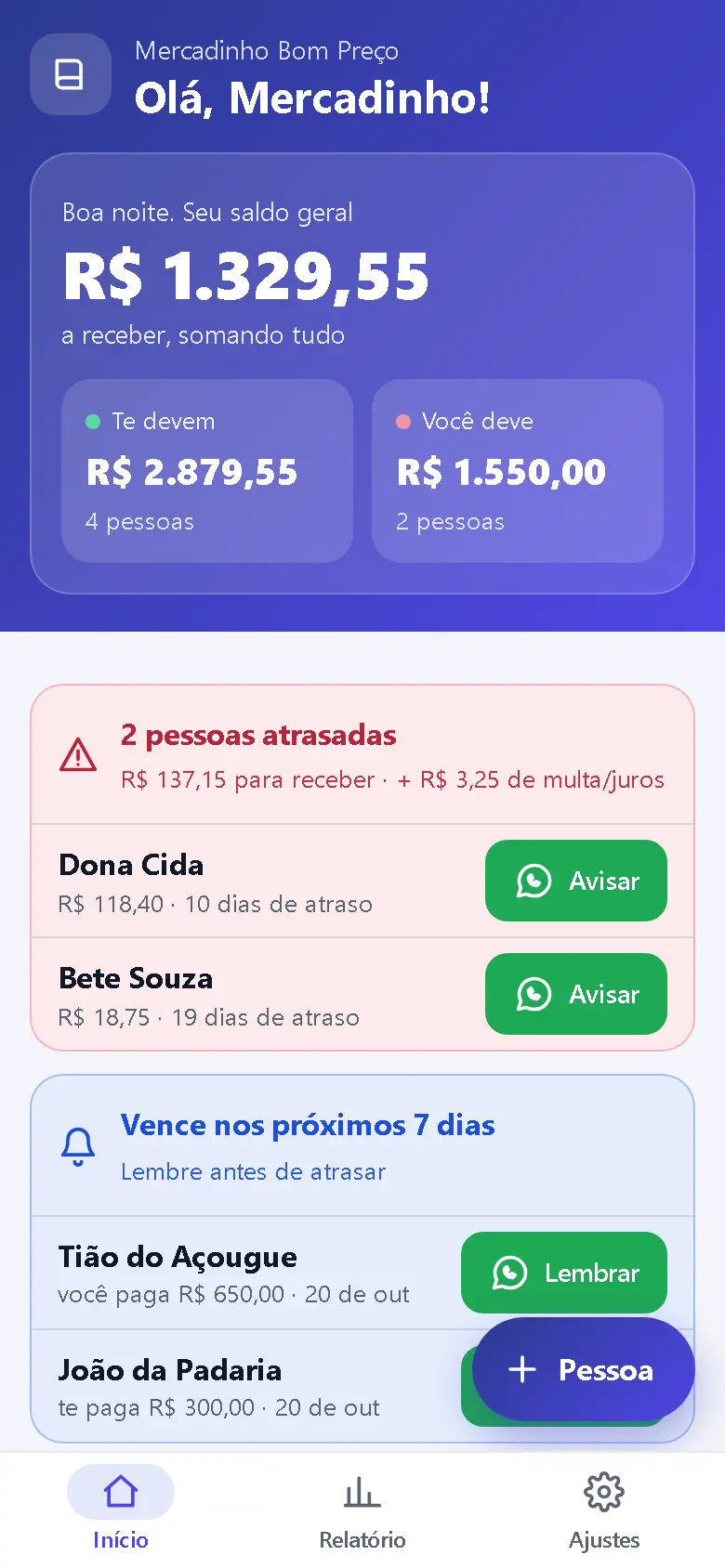 Caderneta Digital no celular com os saldos de cada cliente