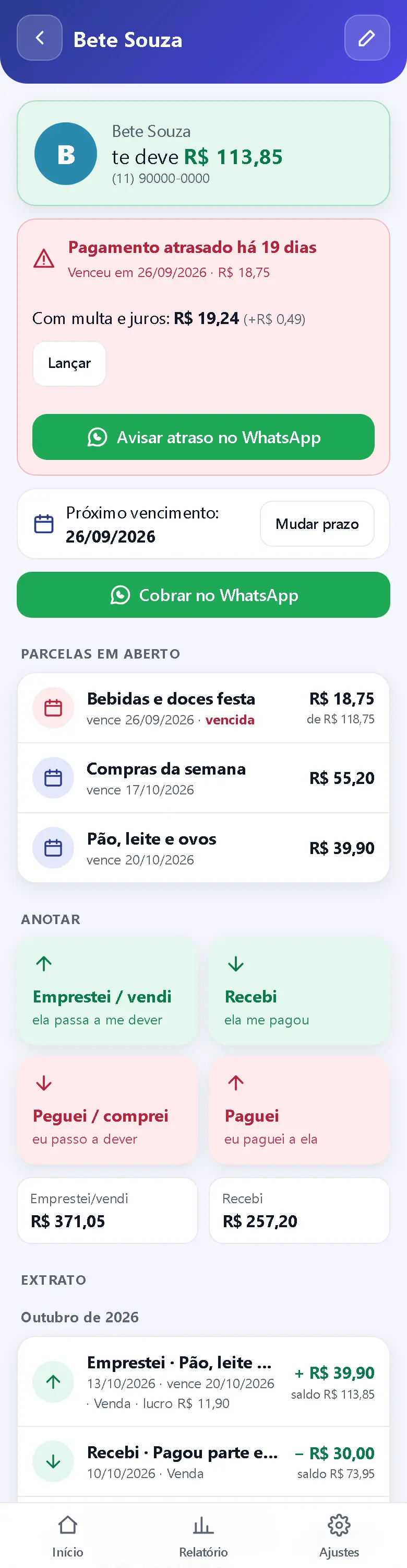 Extrato de um cliente na Caderneta Digital, com compras, pagamentos e saldo do mês