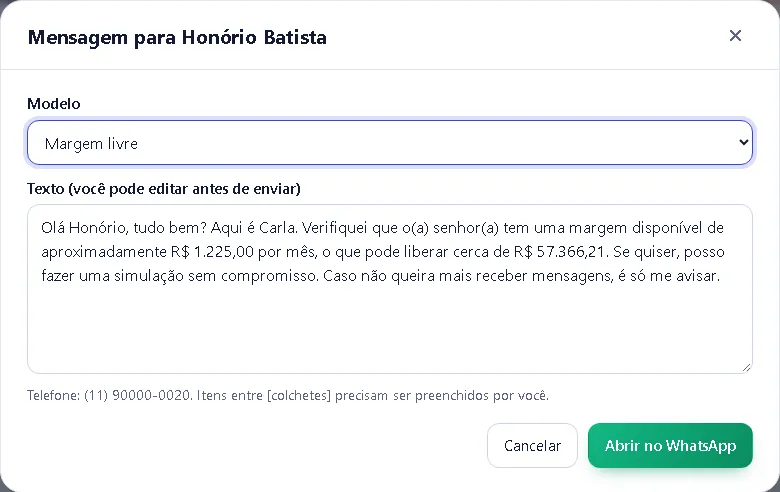 Mensagem de WhatsApp pronta, gerada pelo MargemCerta para um cliente com margem livre