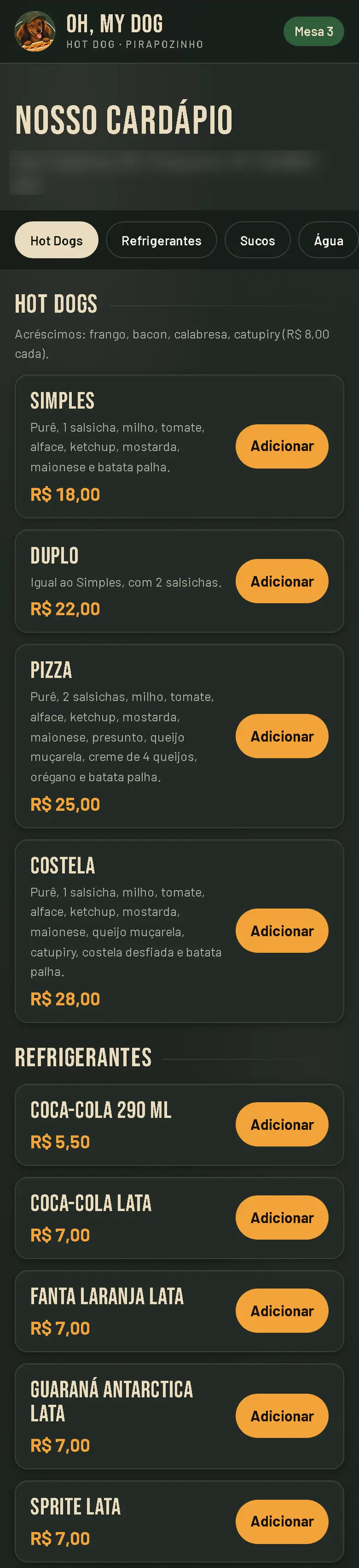 Cardápio completo do Oh, My Dog no celular, com lanches, acréscimos e bebidas