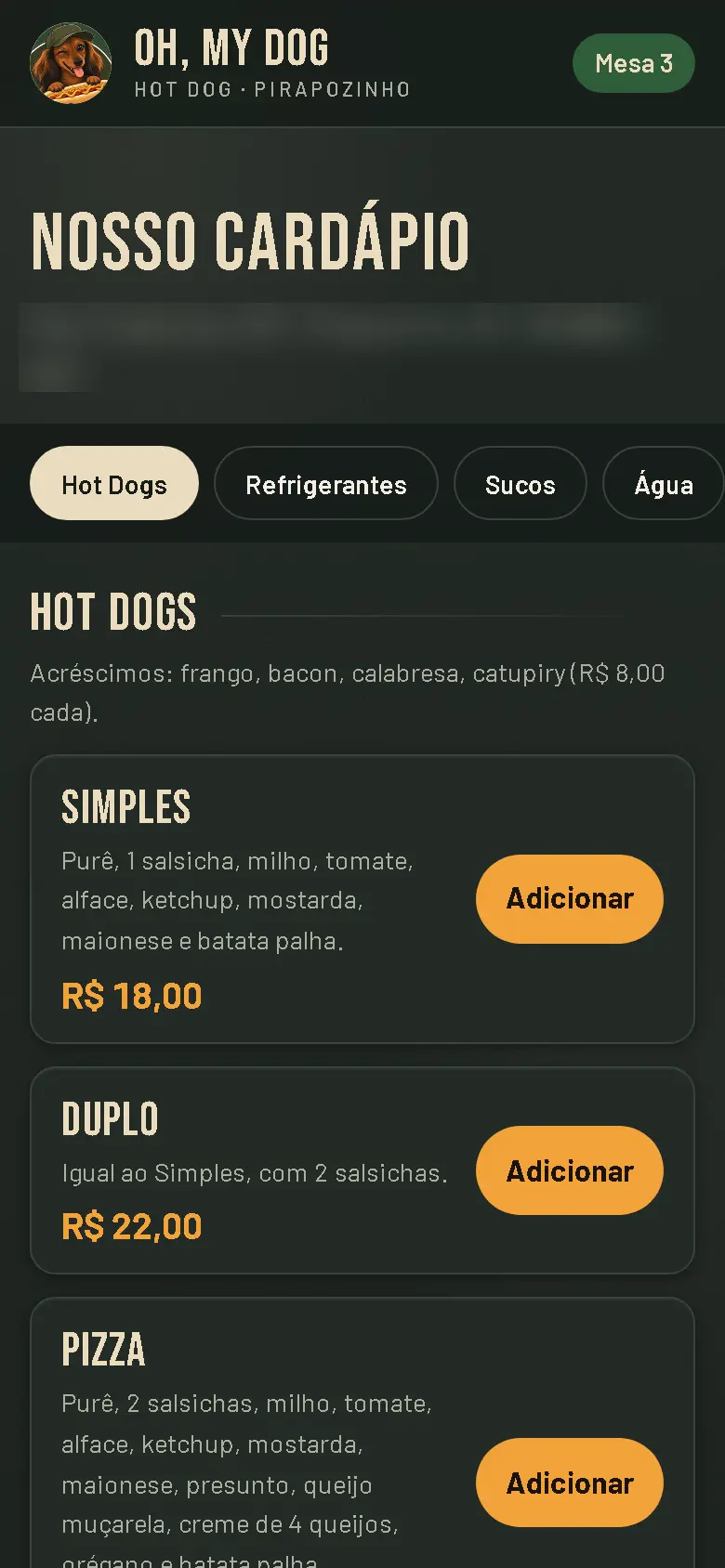 Cardápio do Oh, My Dog aberto no celular pelo QR code da mesa